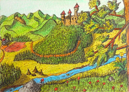 Fantasy art illustration showing a cliff with a pine tree and below you can see mountain landscape with a castle with towers, fields with crops and a tent camp near a river