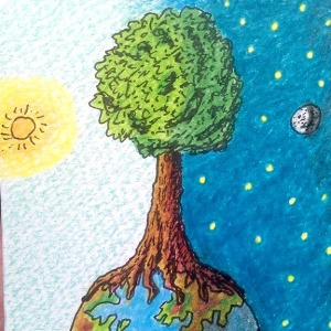 A gigantic oak tree standing on a planet floating in space surrounded by a moon and a sun with stars in the sky