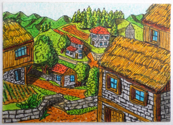 Illustration of a cottage village with a landscape of a mountain and trees around the houses with thatched roofs