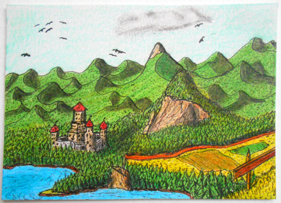 Fantasy drawing art showing a mountain landscape and a castle near the seashore 