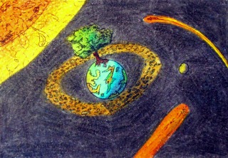 Fantasy abstract illustration art showing a planet with one gigantic oak tree and a comet and a sun floating in space with stars around